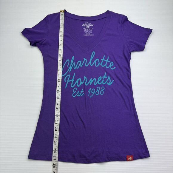 Charlotte Hornets Shirt NBA Size Medium Short Sleeve Purple V Neck Cursive Font - Picture 5 of 7